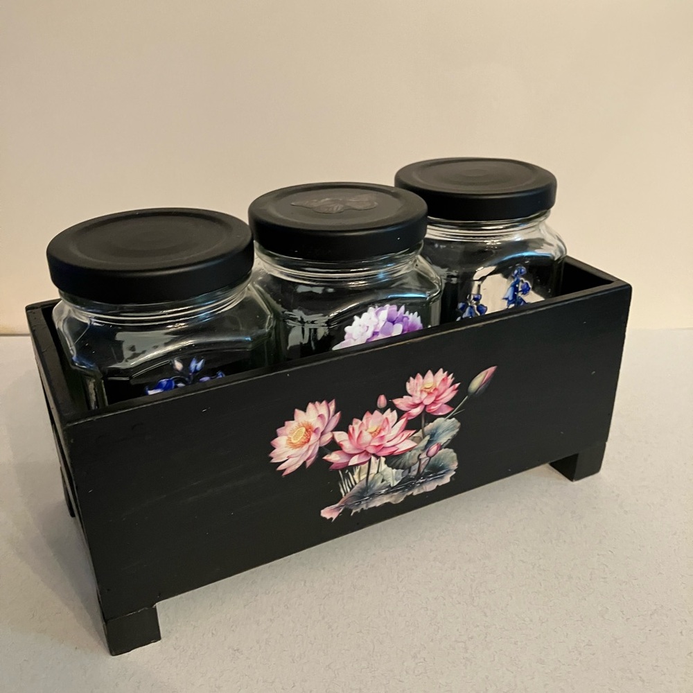 Black Floral Wooden Caddy with Three Glass Jars